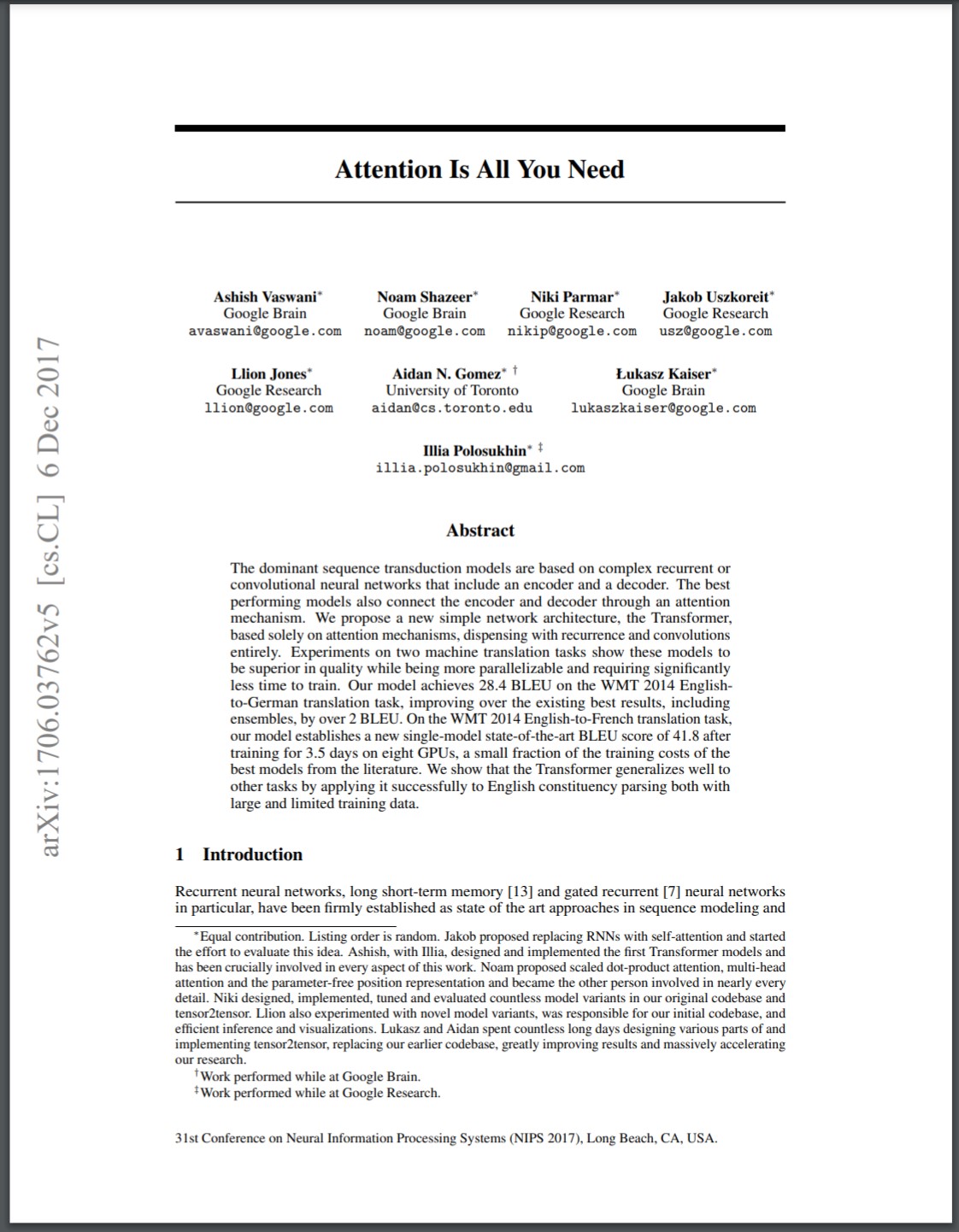 The First Page of Attention Is All You Need Paper